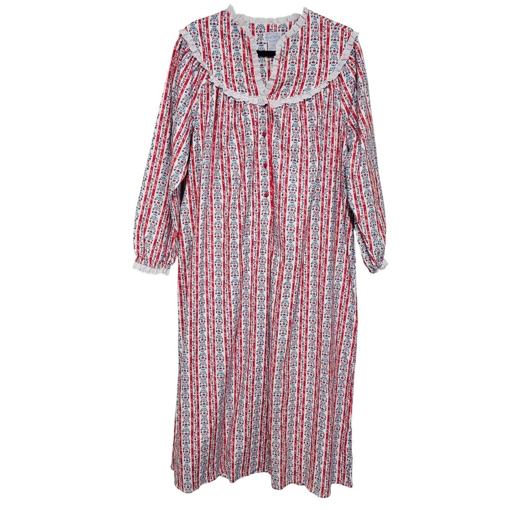 Lanz of Salzburg Nightgown M Red Floral Heart Stripe Lace Maxi Cotton Cottage